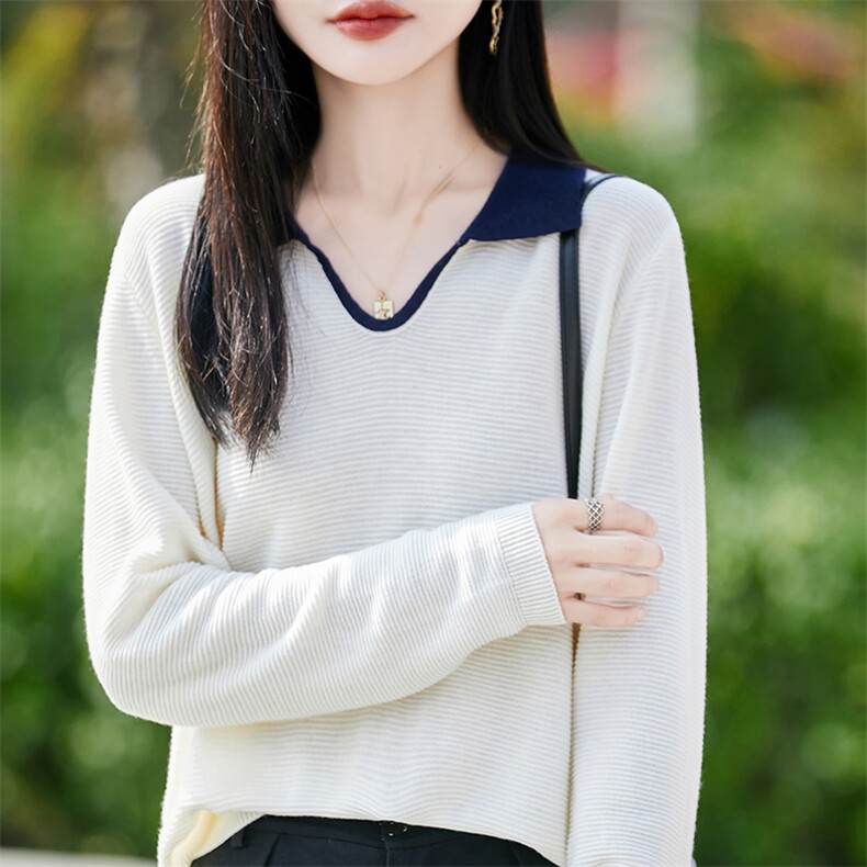 洋气POLO领针织衫女外穿薄款上衣2025秋季新款宽松打底衫翻领毛衣,针织衫/毛衣,佳绒包芯纱店