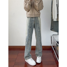 B221美式ins高街暗黑拼接铆钉直筒牛仔裤LK24165-P65控88，男装牛仔裤，电商B221