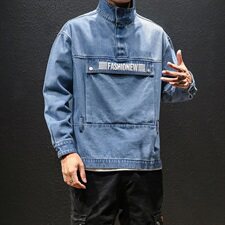 秋装日系套头宽松大口袋印花牛仔卫衣潮男立领魔术贴外套JK07/P75，男装卫衣，星座608A