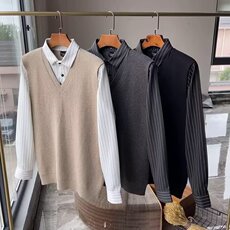 男士假两件衬衫领男秋冬季毛衣男针织衫，男装针织衫/毛衣，星座410-7