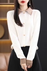 秋冬季通勤休闲精纺48支33%羊毛领撞色元宝开衫，女装羊毛衫，朝思羊绒