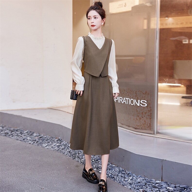 轻熟风假两件连衣裙2023秋季木耳边长袖拼接过膝系带A字裙，女装连衣裙，韩宇舍