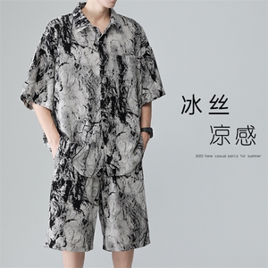 夏新大码滑料凉感冰丝男薄款透气短袖衬衫短裤两件套装TZ088-P60图片