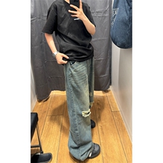 美式街头破洞设计感小众牛仔裤男ins潮宽松做旧直筒裤子10011-p53，男装牛仔裤，星座1008