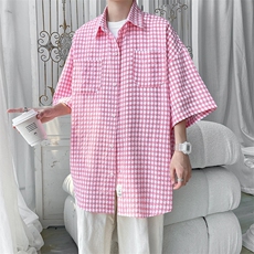 2026夏宽松潮男休闲五分袖衬衫半袖格子衬衣C900/P35粉色，男装衬衫，电商A094