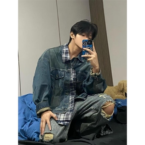 【有货】假两件牛仔外套男春秋格子衬衫拼接工装夹克JK8624HH-P85图片