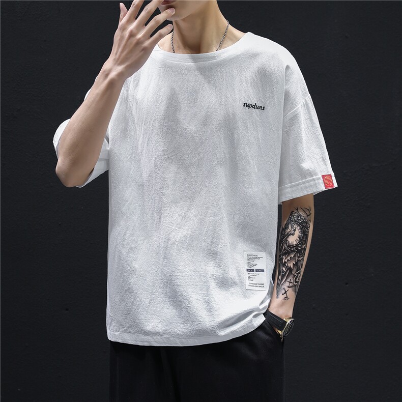 T215黑墙风男士休闲圆领棉麻短袖半截袖宽松T恤风民族风TEE潮，男装T恤，星座115A(原星座507）