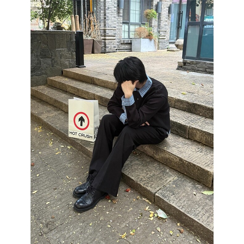 藏青色格纹拼接长袖t恤男款夏假两件美式无帽卫衣miu系polo领上衣,男装T恤,星座506A