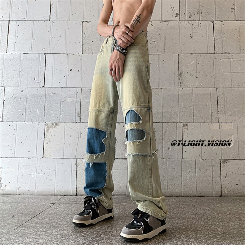 B221 美式ins高街暗黑小众撞色破洞直筒牛仔裤 LK23109-P65 控88图片
