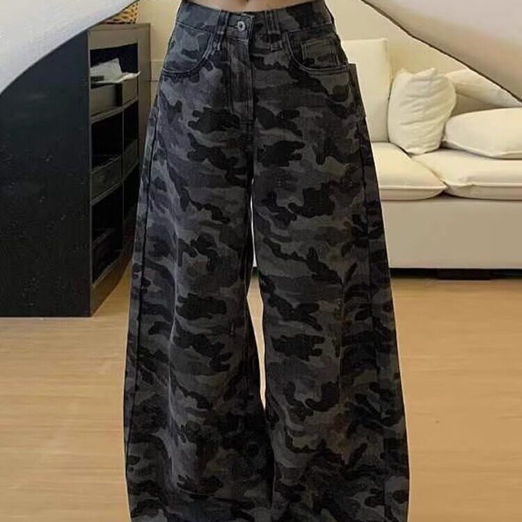 美式复古加绒迷彩裤保暖牛仔裤女秋冬季新款高腰宽松阔腿裤休闲拖,男装牛仔裤,星座302B-2