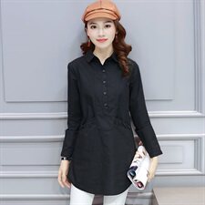 长袖排多扣中长款直筒纯色POLO领压皱口袋纯色衬衫2025年秋季，女装衬衫，风姿绰