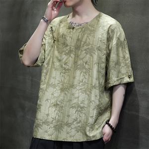 2025夏新款风男汉服盘扣新中式唐装天丝透气竹叶衬衫C131-P75图片