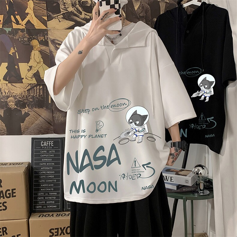 LD54187-P45NASA联名同款连帽短袖t恤男大码胖子带帽五分袖海报风图片