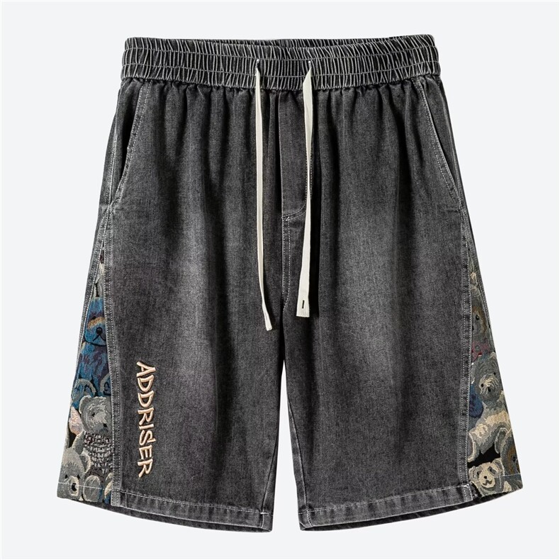 设计感~短裤男夏季新款潮牌痞帅拼接刺绣牛仔潮流宽松休闲五分裤,男装牛仔裤,星座1013