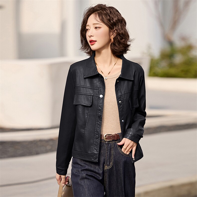 修身型纽扣皮衣可拆卸领外套气质百搭时髦小姨风春秋短款时尚休闲,女装皮衣,臻衣坊