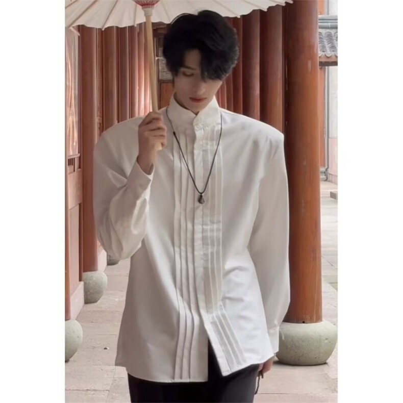 新中式男装白色垫肩衬衫男高级感中国风廓形解构立领长袖衬衣外套,男装衬衫,星座1116A（原606A-3）