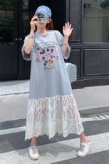 蕾丝拼接灰色T恤连衣裙女夏2025新款休闲气质巨好看长裙今年流行，女装连衣裙，浙宝305