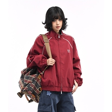 美式格子拼接红色外套秋季新款宽松拉链夹克运动上衣HH149P65，男装夹克，星座1013-5