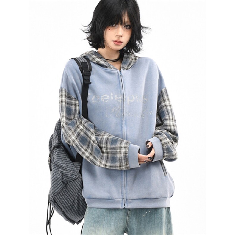 格纹拼接做旧连帽衫卫衣男女秋季街头宽松休闲开衫外套WY212,女装短外套,星座1116A（原606A-3）
