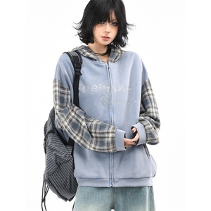 格纹拼接做旧连帽衫卫衣男女秋季街头宽松休闲开衫外套 WY212图片