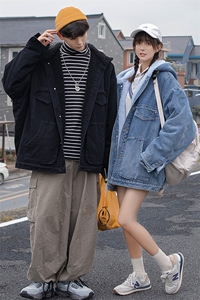 A609情侣连帽加绒加厚防寒牛仔棉衣外套防寒保暖男女羊羔毛潮保暖图片