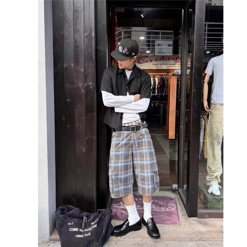 夏季薄款五分休闲短裤男士修身直筒格子印花外穿透气中裤男款图片