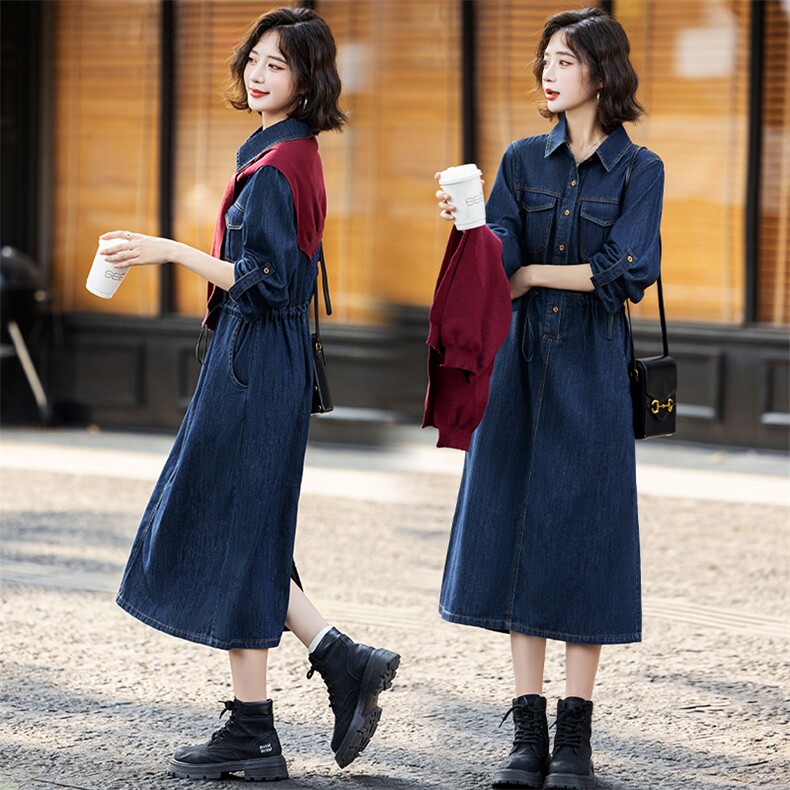 法式披肩牛仔连衣裙女装2025年春秋新款时尚气质收腰显瘦两件套潮,女装连衣裙,E百度