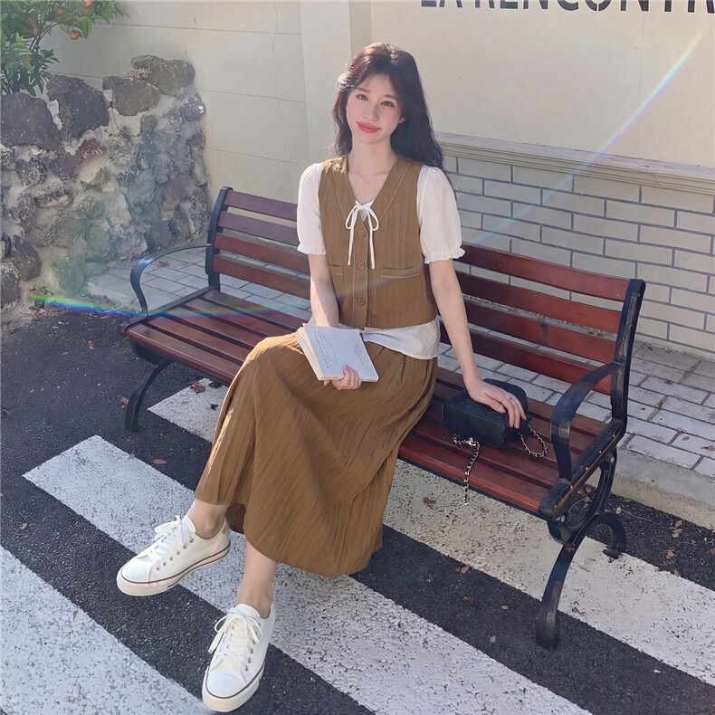 圆领条纹冰丝上衣+半身裙两件套送腰带,女装套装/套裙,采品优优