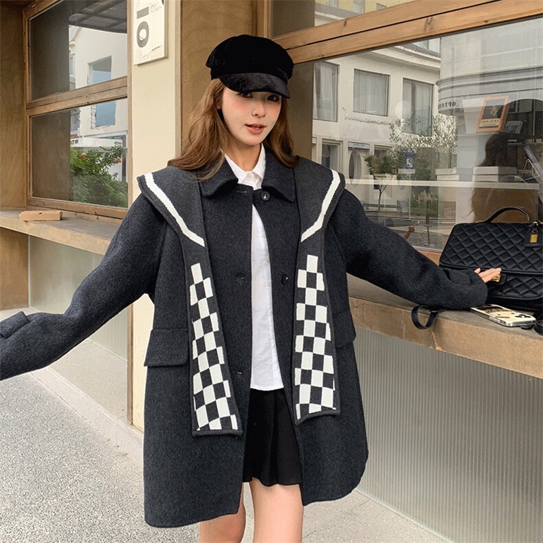学院风格纹翻领灰色毛呢外套女秋冬2025新款流行爆款气质百搭大衣,女装毛呢外套,2D080