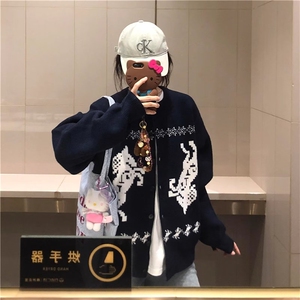 美式复古圆领开衫2025新款男女宽松休闲百搭oversize潮牌开衫毛衣图片