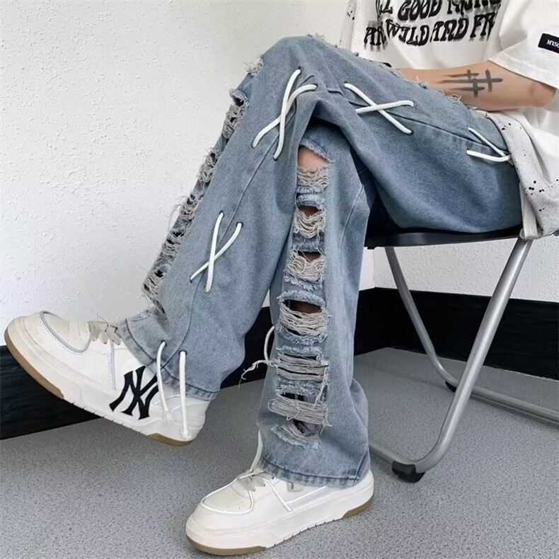 5030-P45秋季牛仔裤男宽松直筒阔腿2025新款潮牌痞帅裤子美式，男装牛仔裤，电商B323A