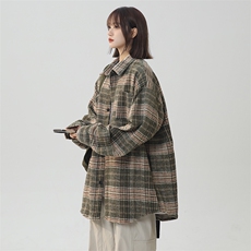 日系复古格子撞色长袖衬衫男女宽松毛呢格衬衣225-2-CS708-P58，男装衬衫，星座225-2