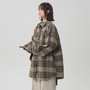 日系复古格子撞色长袖衬衫男女宽松毛呢格衬衣225-2-CS708-P58