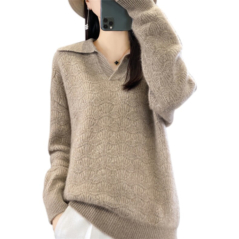 2024秋冬季新款翻领长袖女宽松外穿慵懒风羊毛衫,女装羊毛衫,迅太羊绒