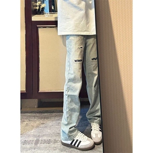 复古腰果花补丁破洞牛仔裤美式高街裤子男夏季薄款显瘦显高直筒裤图片