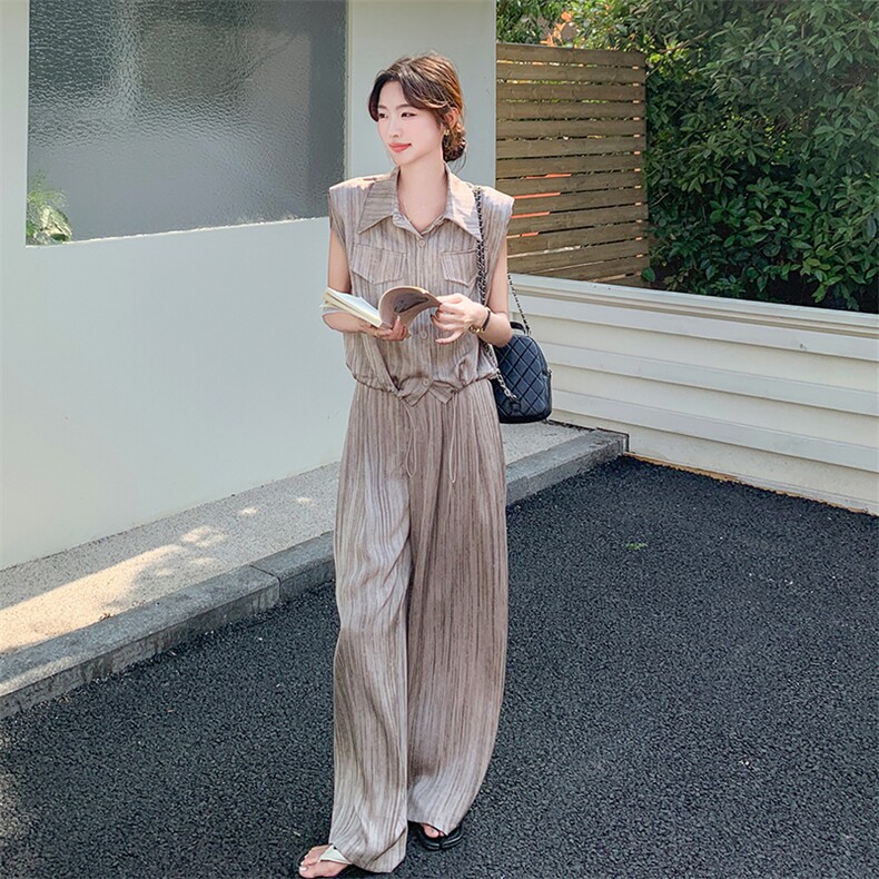 小众设计感纹理薄款衬衫套装女2025夏季新款休闲显瘦阔腿裤两件套,女装套装/套裙,2C095