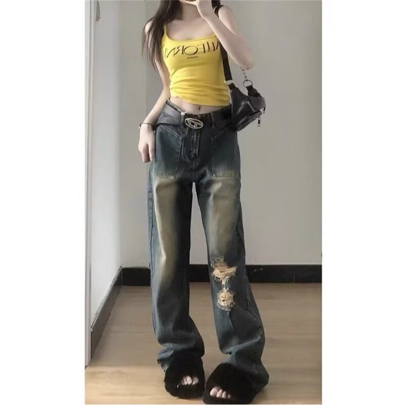 复古水洗破洞牛仔裤男女夏季新款美式vibe高街嘻哈直筒宽松拖地裤，女装牛仔裤，星座506A