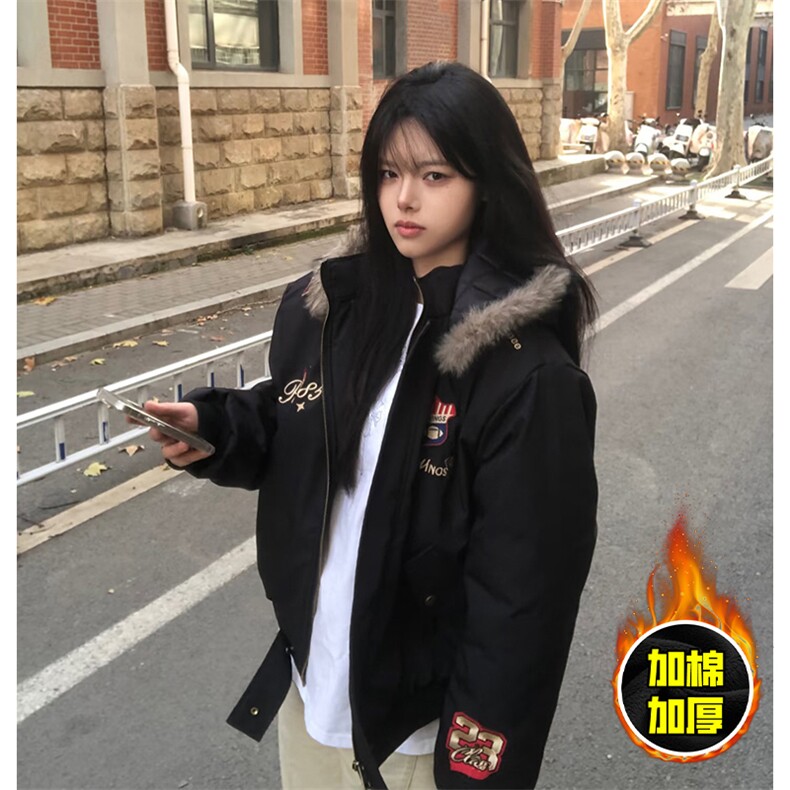现货高品质美式高街重磅刺绣座山雕大毛毛领棉衣男女加厚棉服外套,男装棉衣,电商A486