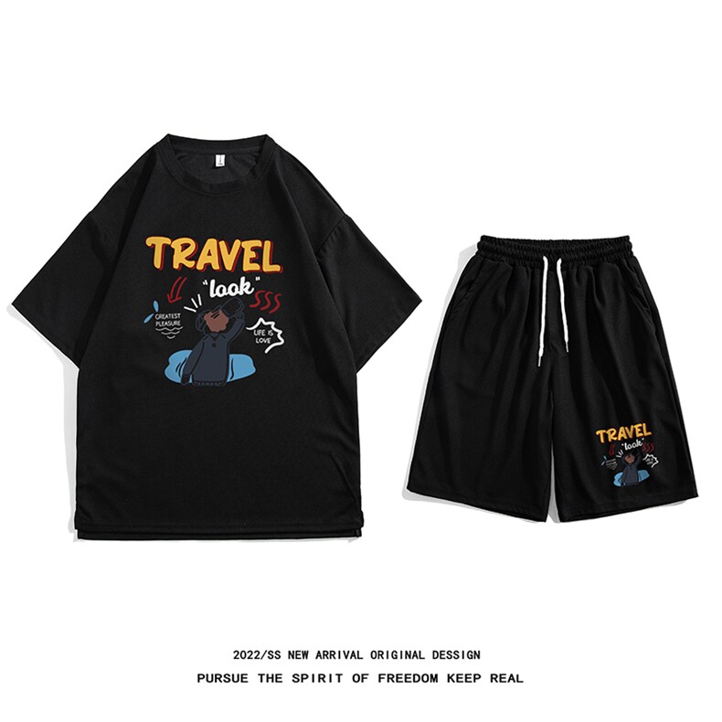 白底2023夏季新款华夫格卡通字母印花运动休闲套装TZ862p50控68,男装休闲套装,电商A247-1