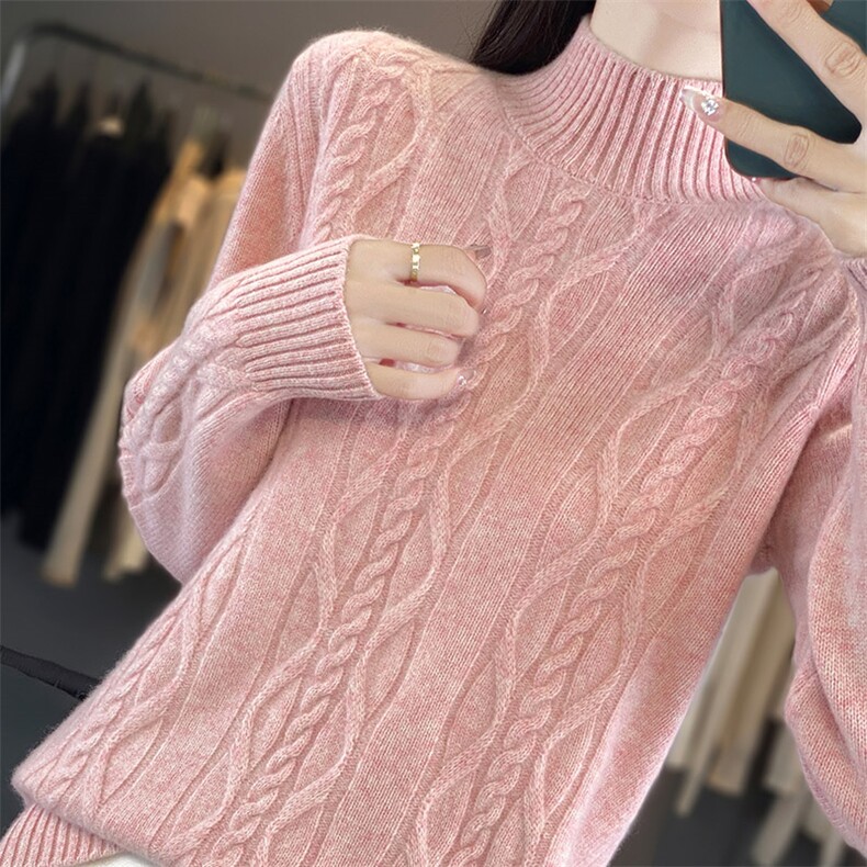 秋冬半高领菱形扭花100%纯羊绒衫女时尚加厚宽松慵懒针织打底上衣，女装羊毛衫，开创羊绒