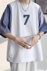 港风纯棉夏季休闲宽松假两件拼色短袖T恤男女潮T6509P35控48，男装T恤，电商A268A