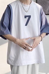 港风  纯棉夏季休闲宽松假两件拼色短袖T恤男女潮 T6509 P35控48图片