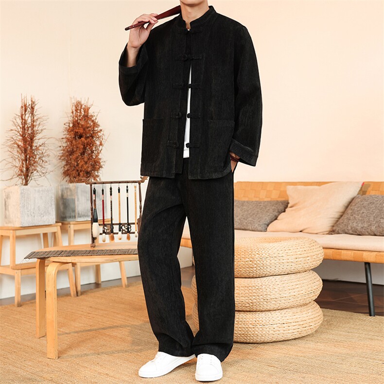 风厚款套装长袖立领盘扣男士纯色套装两件套秋DSA008-TZ2526,男装休闲套装,电商A008