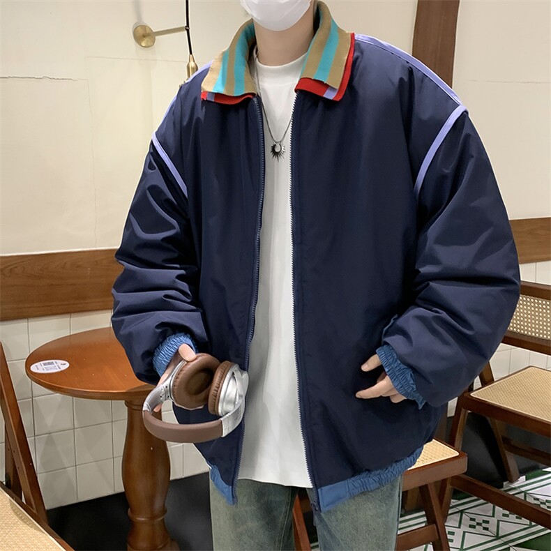 港风春款男假两件夹克双领条纹拼色休闲外套JK8236P70,男装夹克,星座1013-1