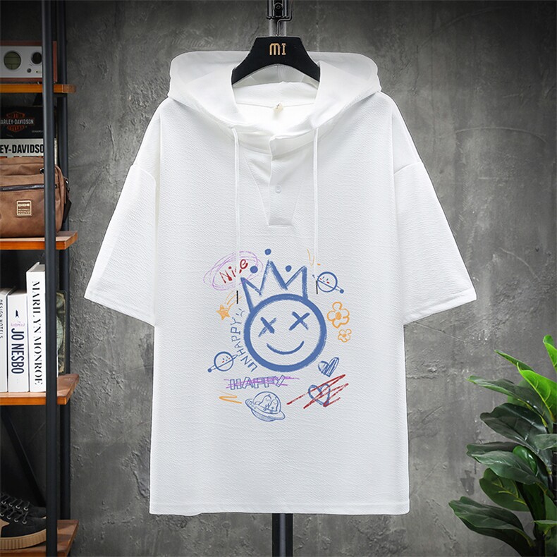 LD54180-P45 连帽短袖t恤男大码胖子带帽五分袖中袖 展架图片