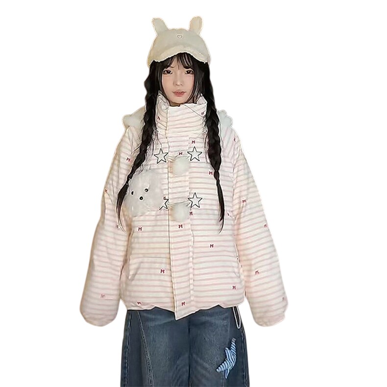 小众不撞款小熊条纹连帽毛毛棉服女保暖百搭宽松学生面包服外套,男装棉衣,星座1210-1