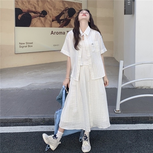韩系休闲条纹套装裙女2025夏季新款时尚减龄短袖衬衫半身裙两件套图片