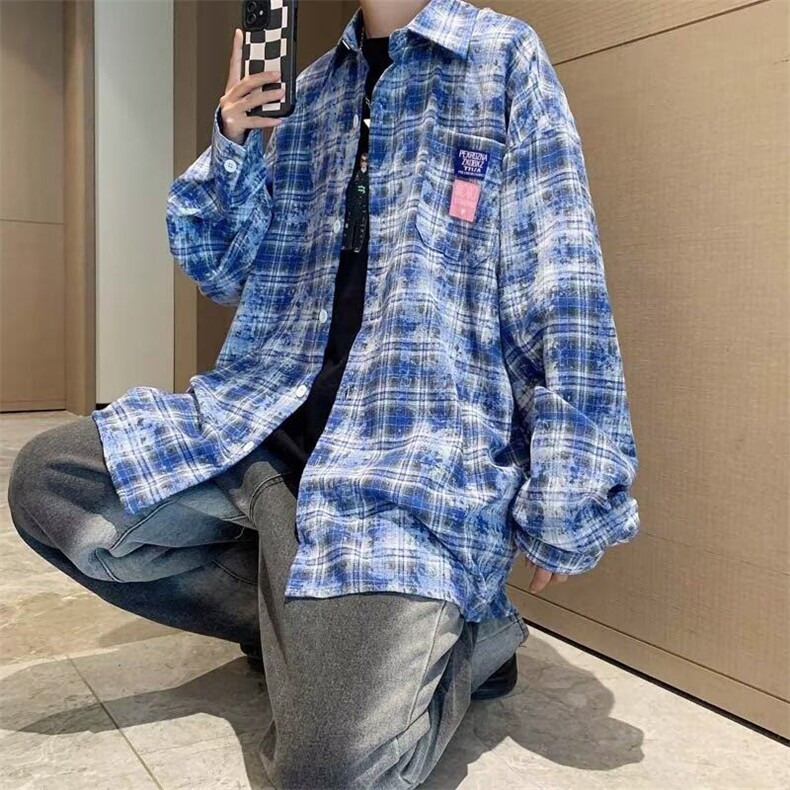 美式复古蓝色格子衬衫男女春秋宽松外搭情侣长袖衬衣WLC187-p45,男装衬衫,星座1008