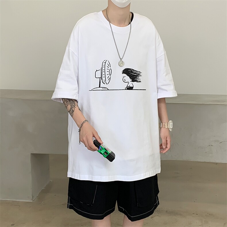 潮牌ins卡通涂鸦印花圆领短袖T恤大码五分袖517A-1-T903-P28控38,男装T恤,星座517A-1