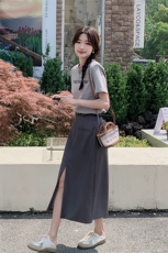 领导小众裙子高腰套装短袖休闲时尚套装气质轻熟风显瘦夏季开叉ol，女装套装/套裙，浪娴服饰